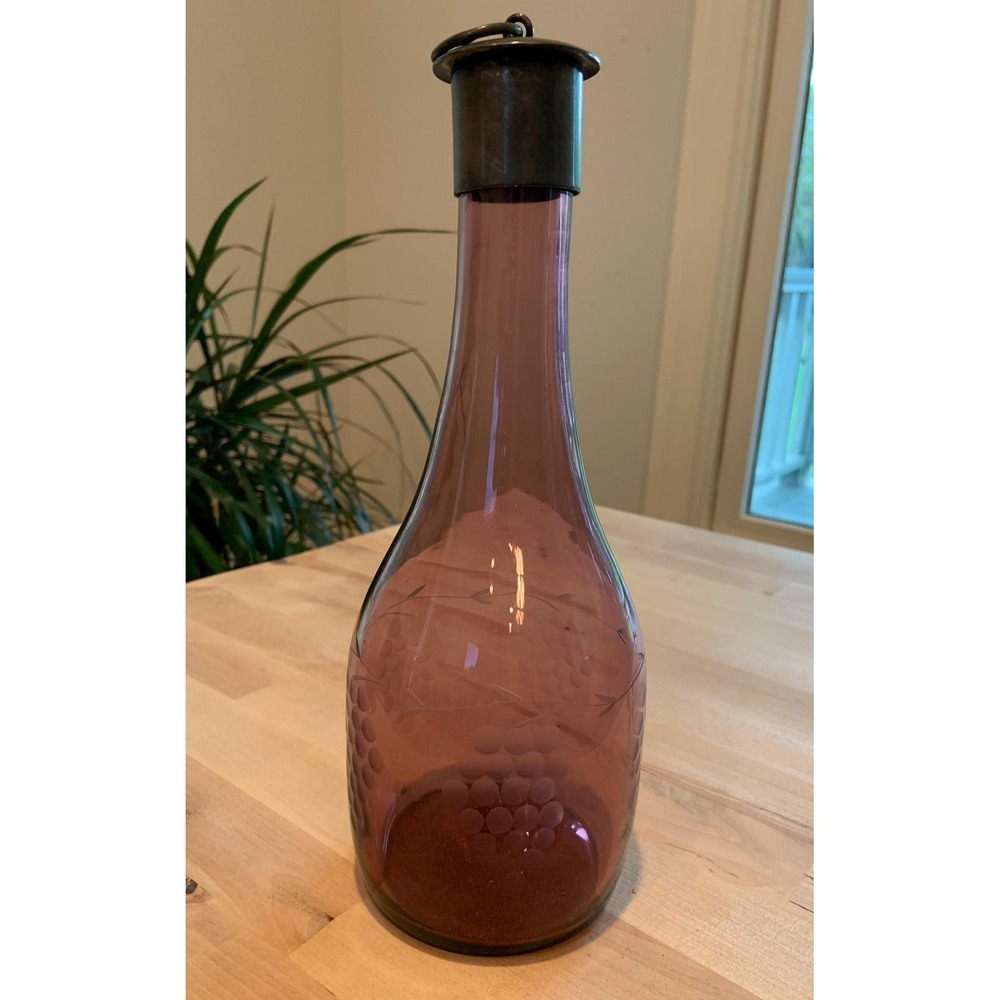 1970s Etched Wine Decanter and Glasses Aubergine (eggplant) Color - Picture 6 of 7
